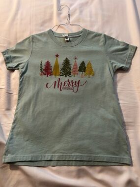 Gildan Light Green Kids Short Sleeve Tee with Festive Tree Graphic